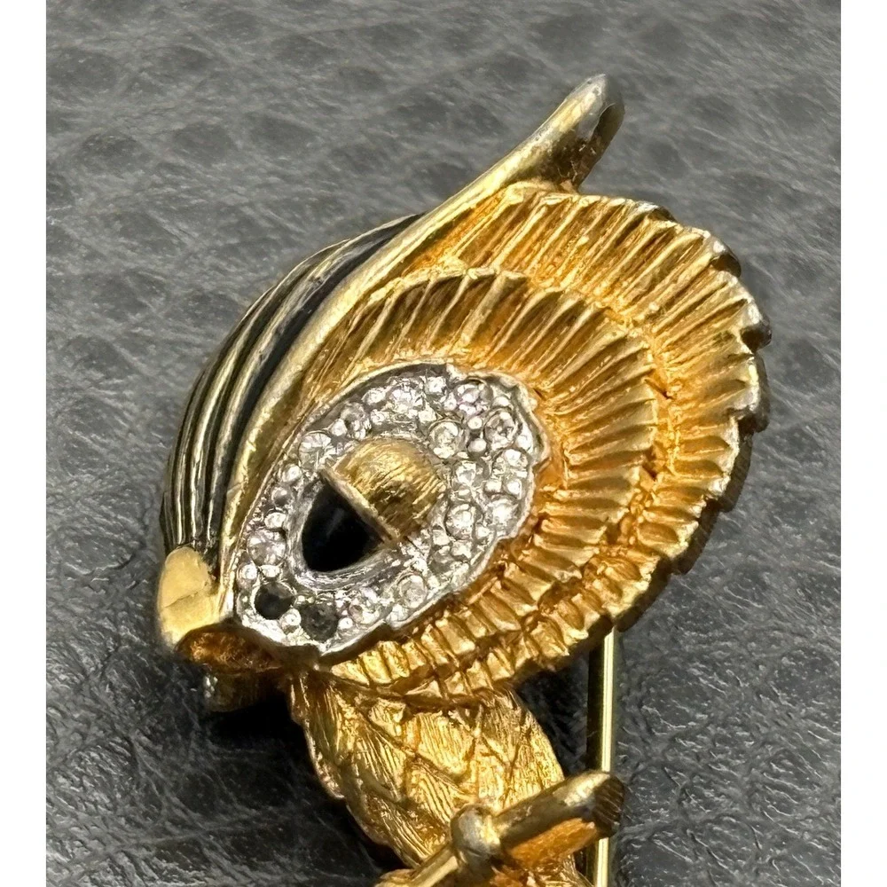 Vintage Jomaz Owl Rhinestone Black Enamel Brooch Pin Gold Tone READ